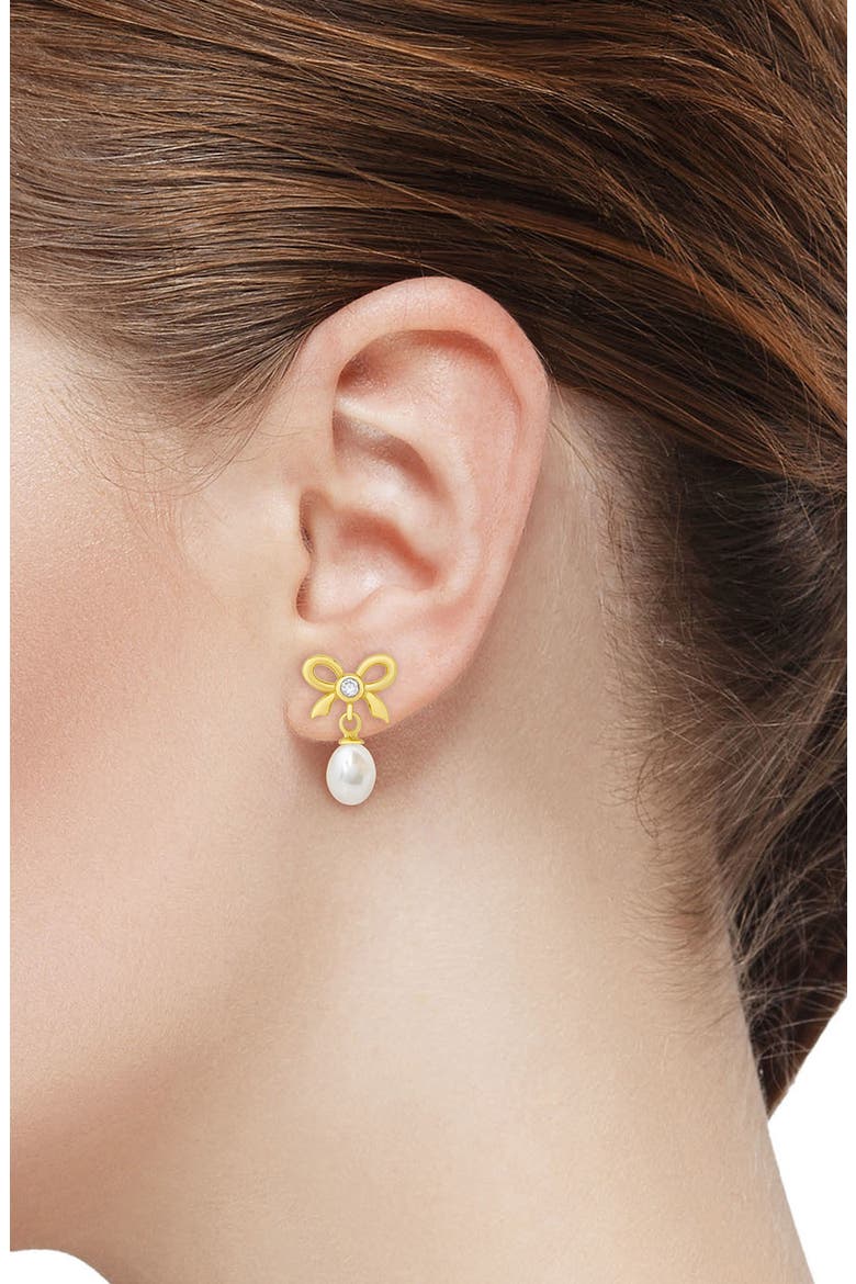 Kids' Cubic Zirconia & Pearl Bow Drop Earrings, Alternate, color, GOLD