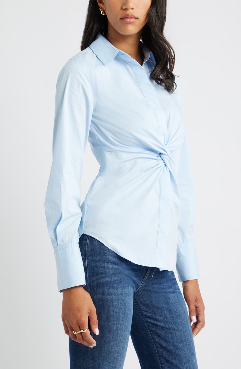 Open Edit Twist Front Stretch Cotton Blend Button-Up Shirt, Alternate, color, Blue Liza Pinstripe