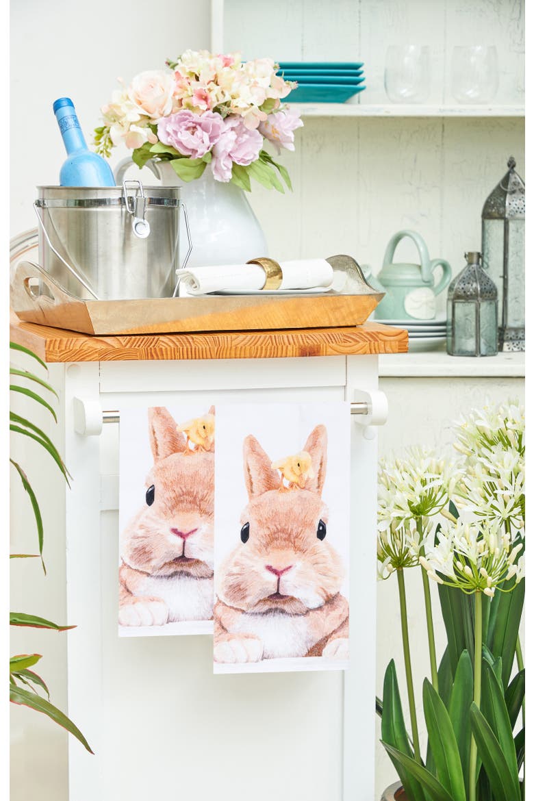 Bunny Rabbit & Duckling Easter Spring Theme Printed Flour Sack Kitchen Dishtowel, Alternate, color, White