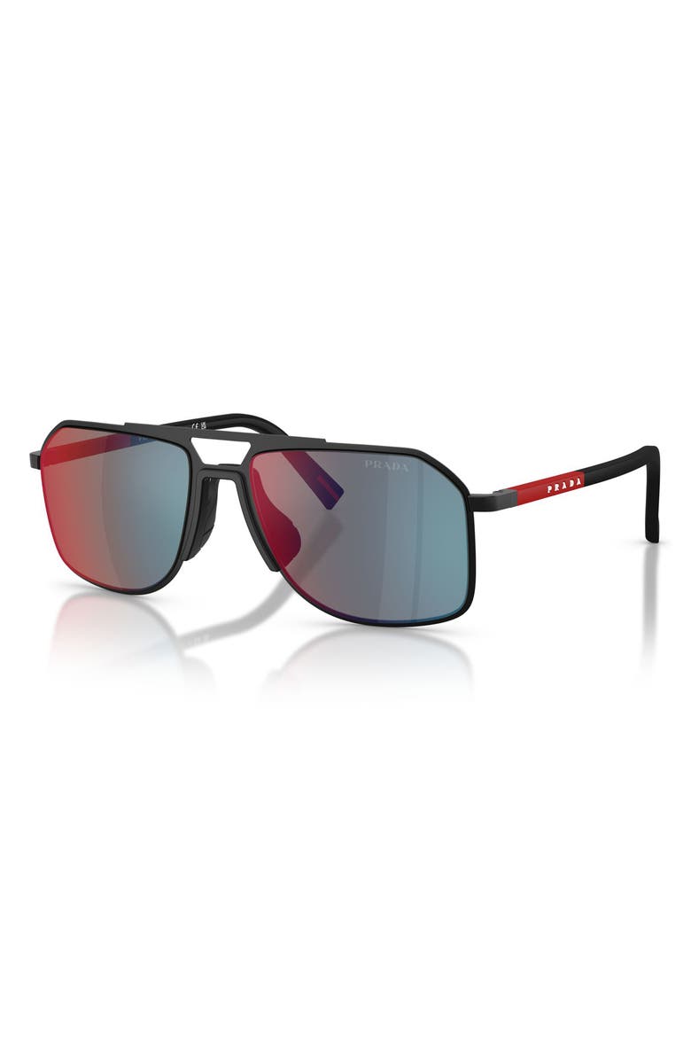 Prada Linea Rossa 56mm Pilot Sunglasses, Alternate, color, Matte Black / Grey Blue/ Red