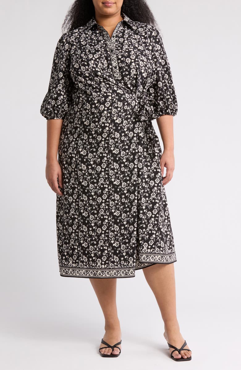 MAX STUDIO Floral Puff Sleeve Midi Wrap Shirtdress, Main, color, Poppies Ikat Silhouette