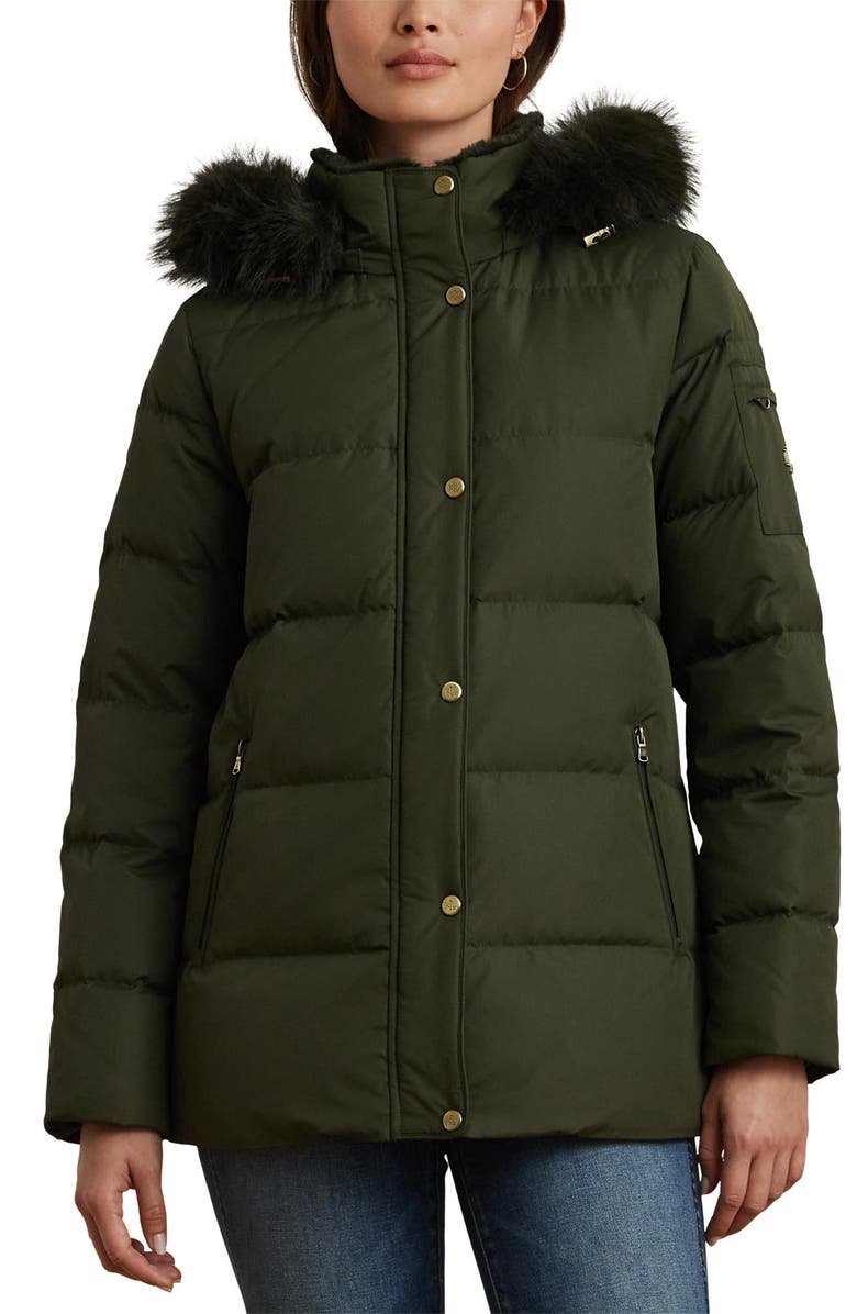 Lauren Ralph Lauren Icon Down & Feather Puffer with Faux Fur Trim Hood, Main, color,