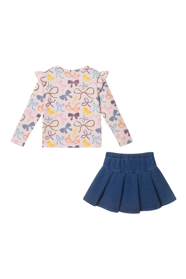 Kids' Bow Print Ruffle Shoulder Tee & Skirt Set, Alternate, color, PINK BOWS