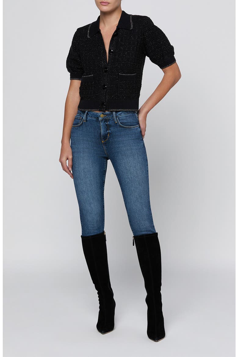 Novalie Waffle Stitch Short Sleeve Cardigan, Alternate, color, BLACK/ BLACK LUREX