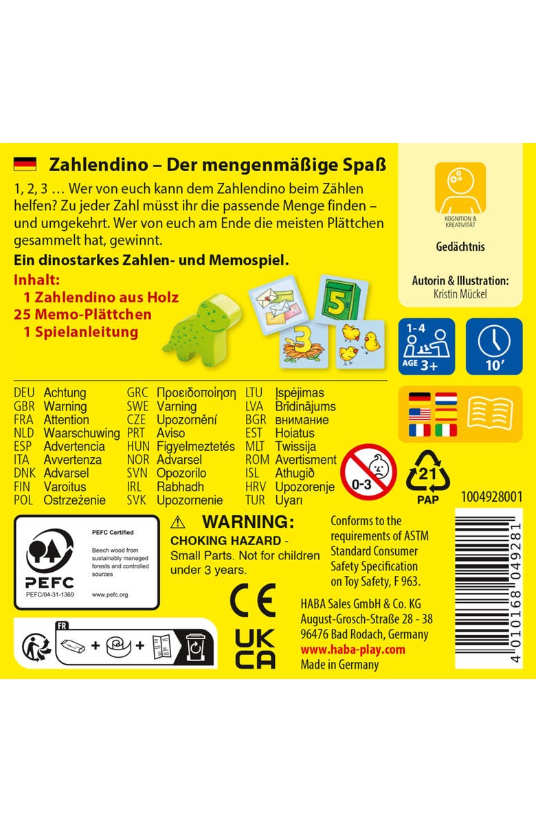 HABA Number Dinosaur Mini Game for 1-4 Players Ages 3+, Alternate, color, Multi