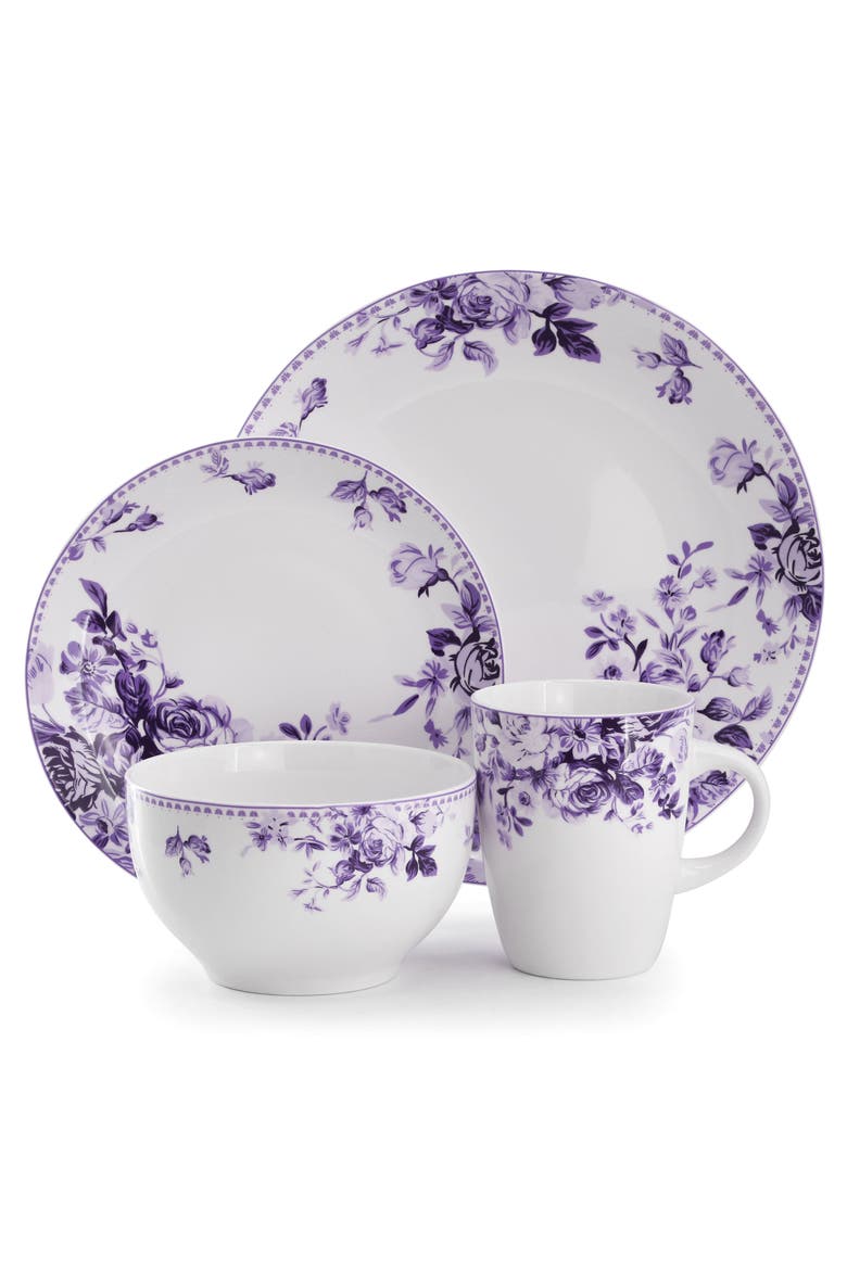 Traditional Purple Rose 16 Piece Stoneware Dinnerware Set, Alternate, color, Purple