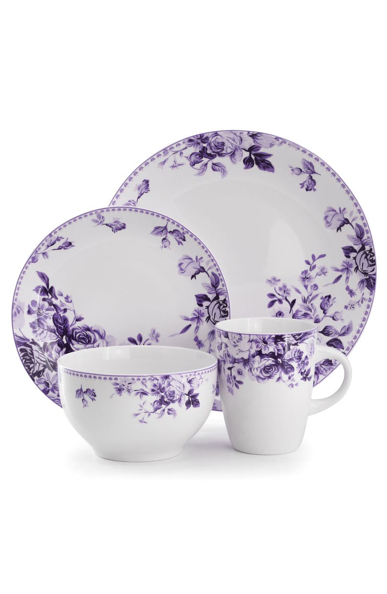 Elama Traditional Purple Rose 16 Piece Stoneware Dinnerware Set, Alternate, color, Purple