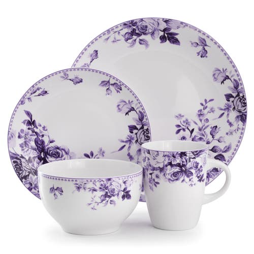 Elama Traditional Purple Rose 16 Piece Stoneware Dinnerware Set In Multi