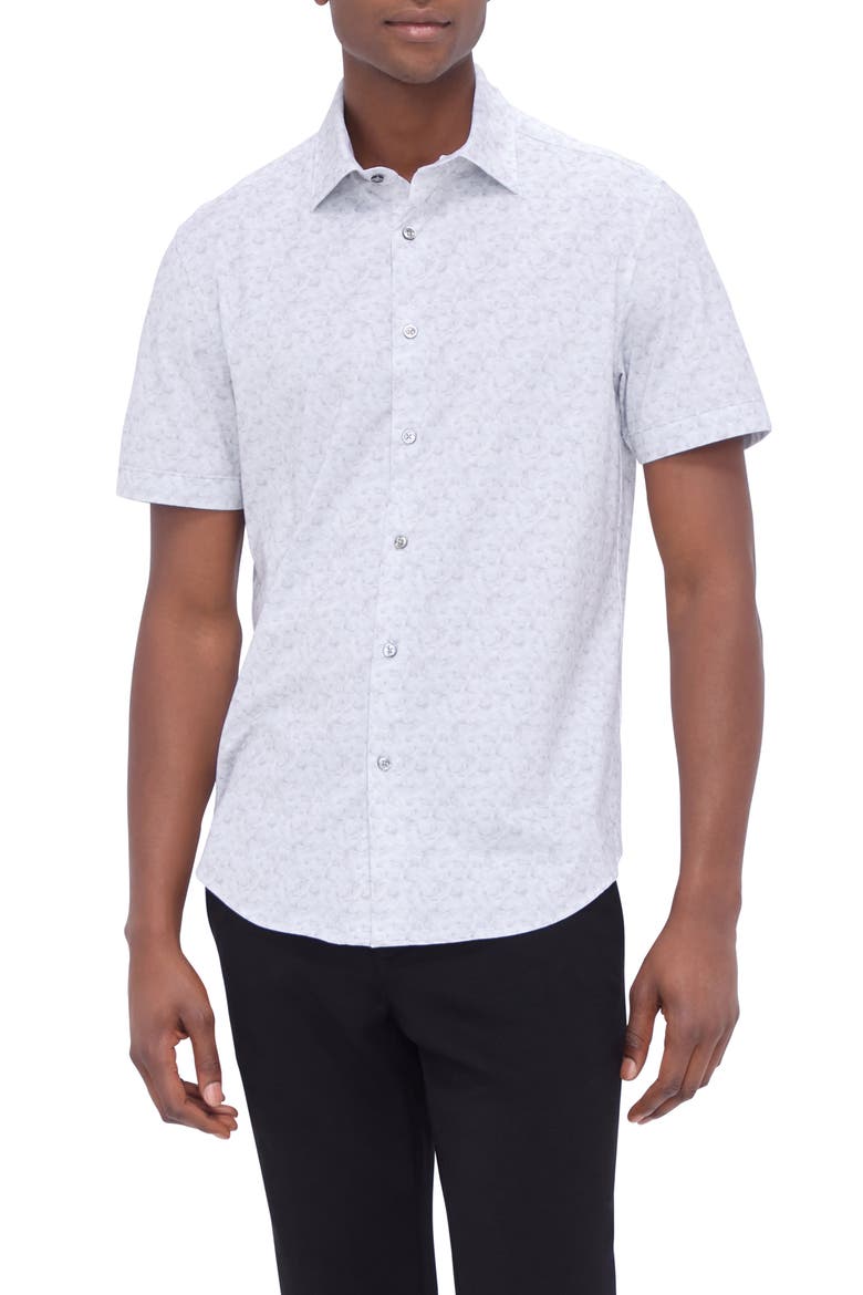 Myron OoohCotton® Abstract Print Short Sleeve Button-Up Shirt, Main, color, PLATINUM