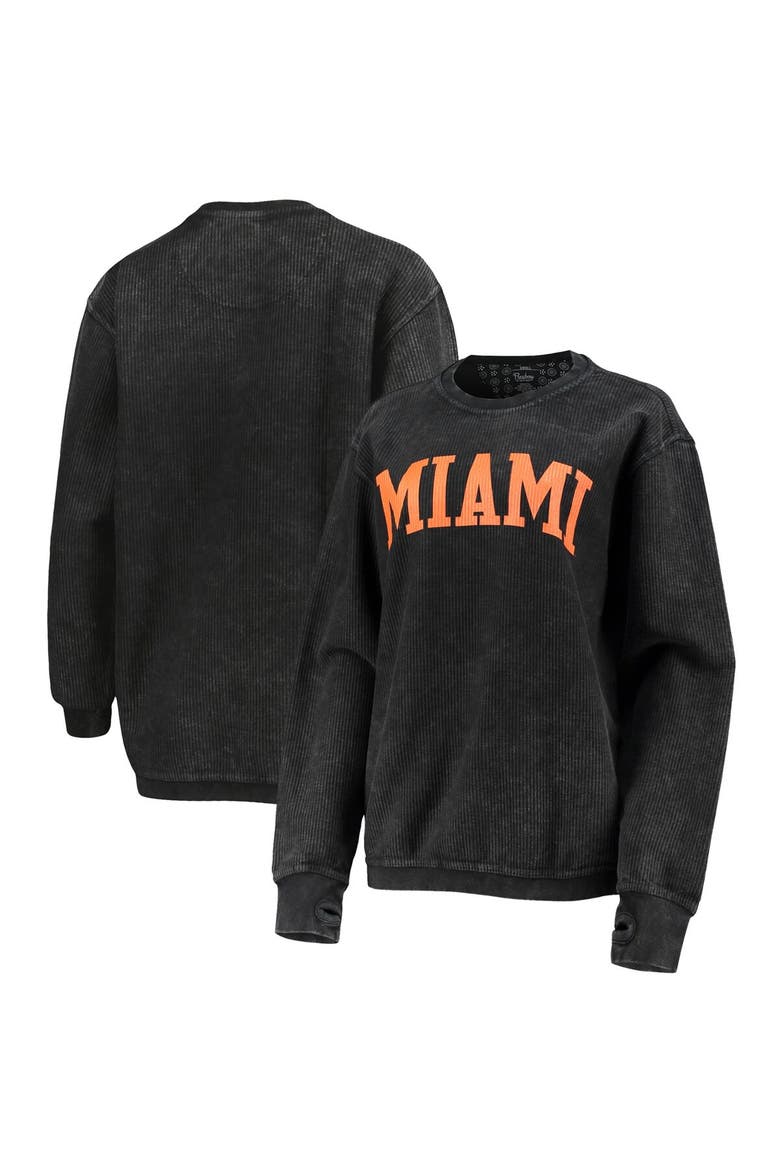Women's Pressbox Black Miami Hurricanes Comfy Cord Vintage Wash Basic Arch Pullover Sweatshirt, Main, color, Black