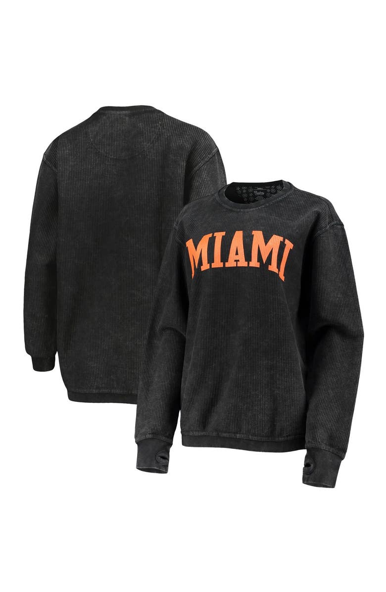 PRESSBOX Women's Pressbox Black Miami Hurricanes Comfy Cord Vintage Wash Basic Arch Pullover Sweatshirt, Main, color, Black