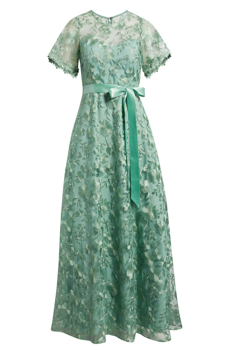 Tahari ASL Floral Embroidery Short Sleeve Gown, Alternate, color, Sage