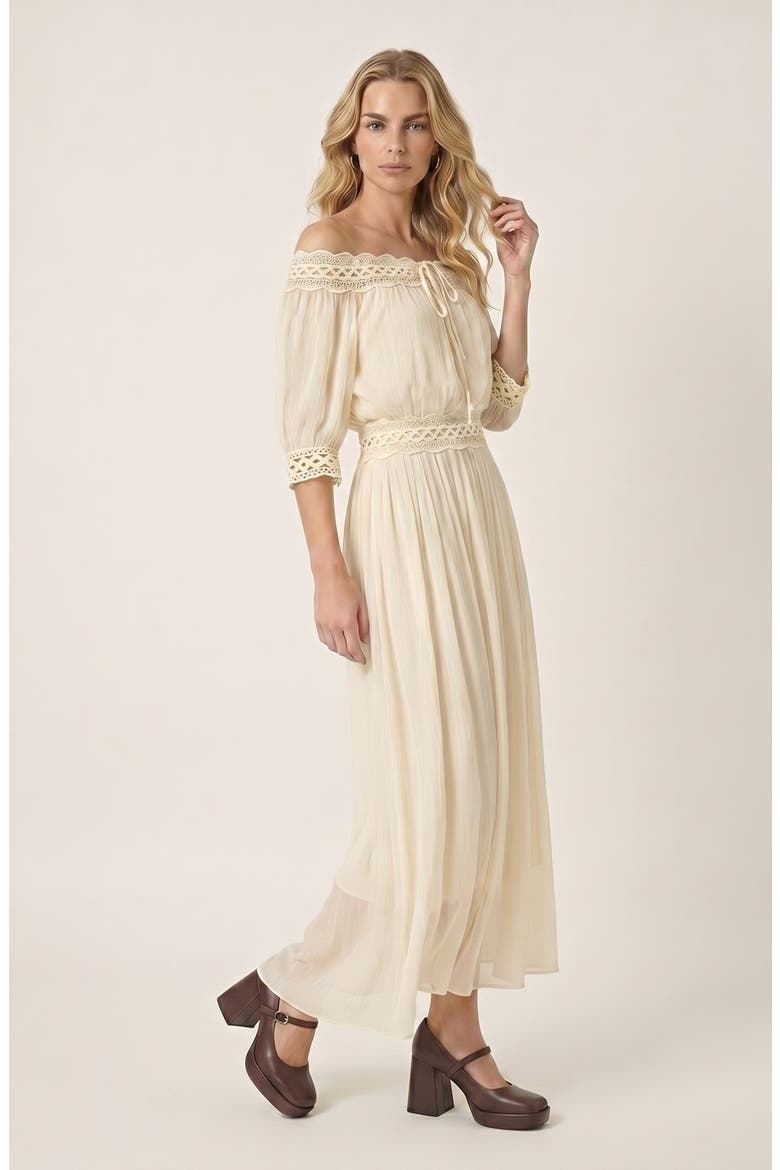 Two Piece Off Shoulder Crochet Top and Maxi Skirt Set, Main, color, Beige