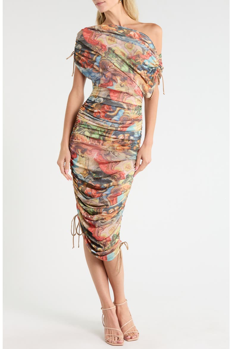 Georgia Ruched Mesh Midi Dress, Main, color, GAUDI PRINT
