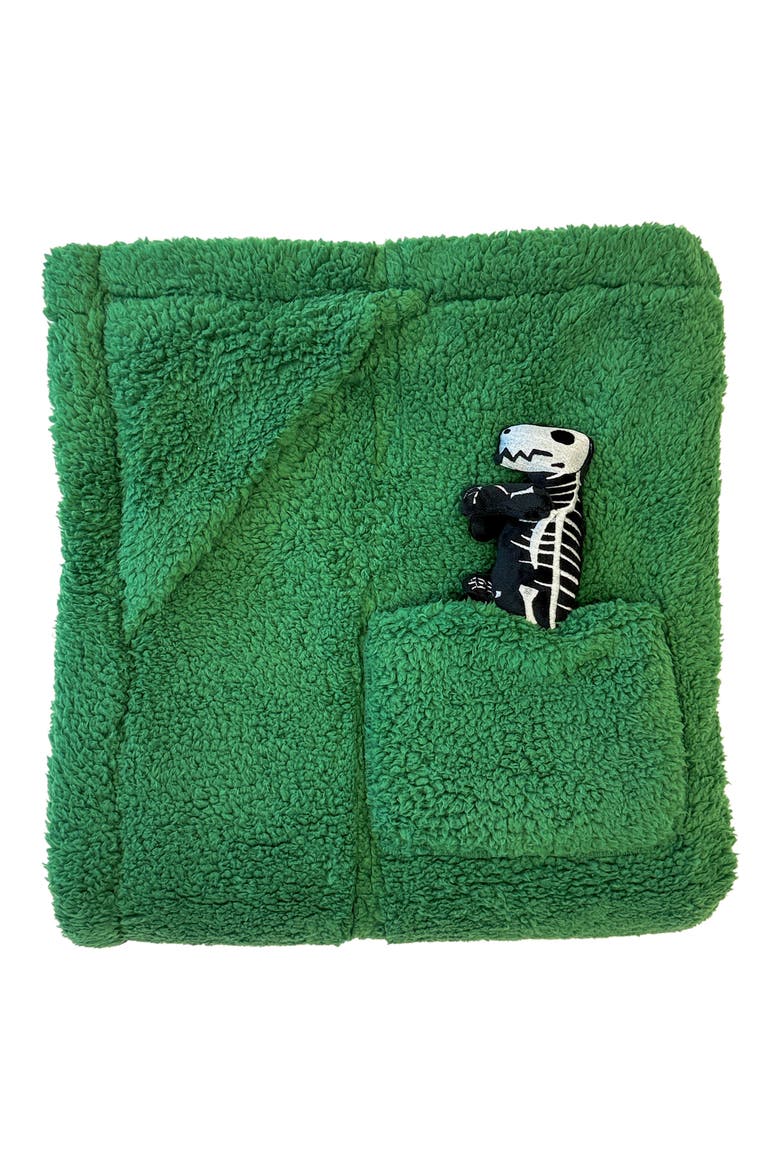 Kids' Glow in the Dark Dino Bones Fleece Blanket & Stuffed Animal Set, Alternate, color, KATYDID GREEN