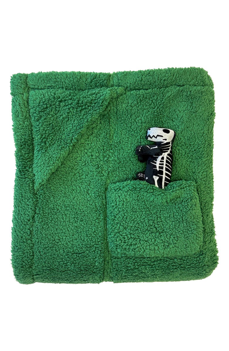 mimish Kids' Glow in the Dark Dino Bones Fleece Blanket & Stuffed Animal Set, Alternate, color, Katydid Green