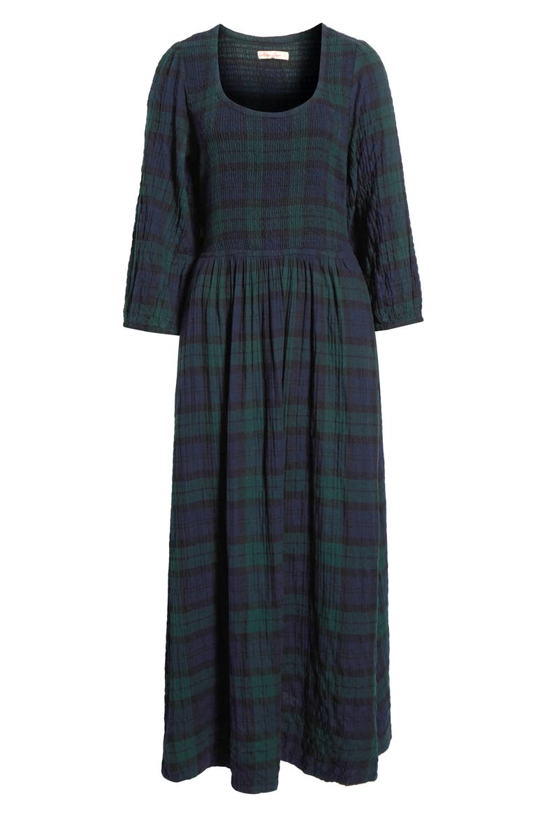 Mari Plaid Smocked Long Sleeve Midi Dress, Main, color, EVERGREEN PLAID