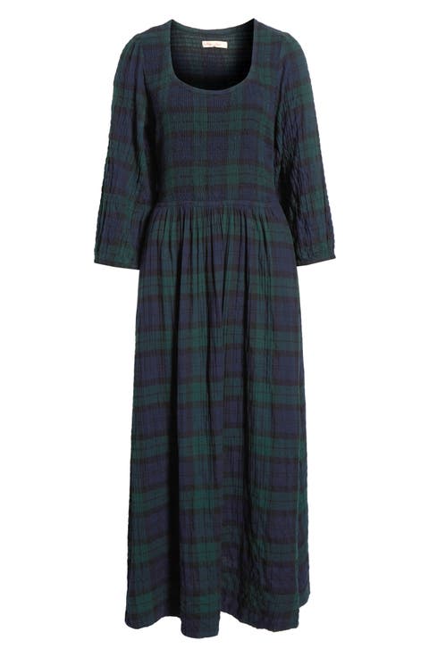 Mari Plaid Smocked Long Sleeve Midi Dress