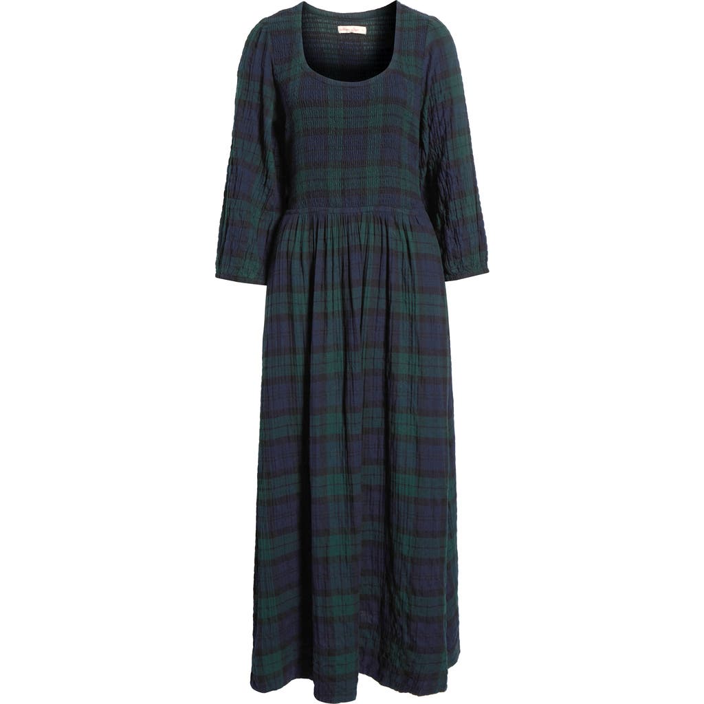 Marine Layer Mari Plaid Smocked Long Sleeve Midi Dress In Blue