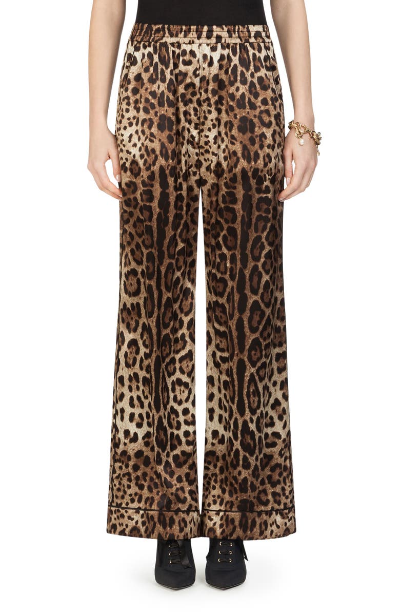 Dolce&Gabbana Leopard Print Wide Leg Stretch Silk Satin Pajama Pants, Main, color, Hy13m Leo New