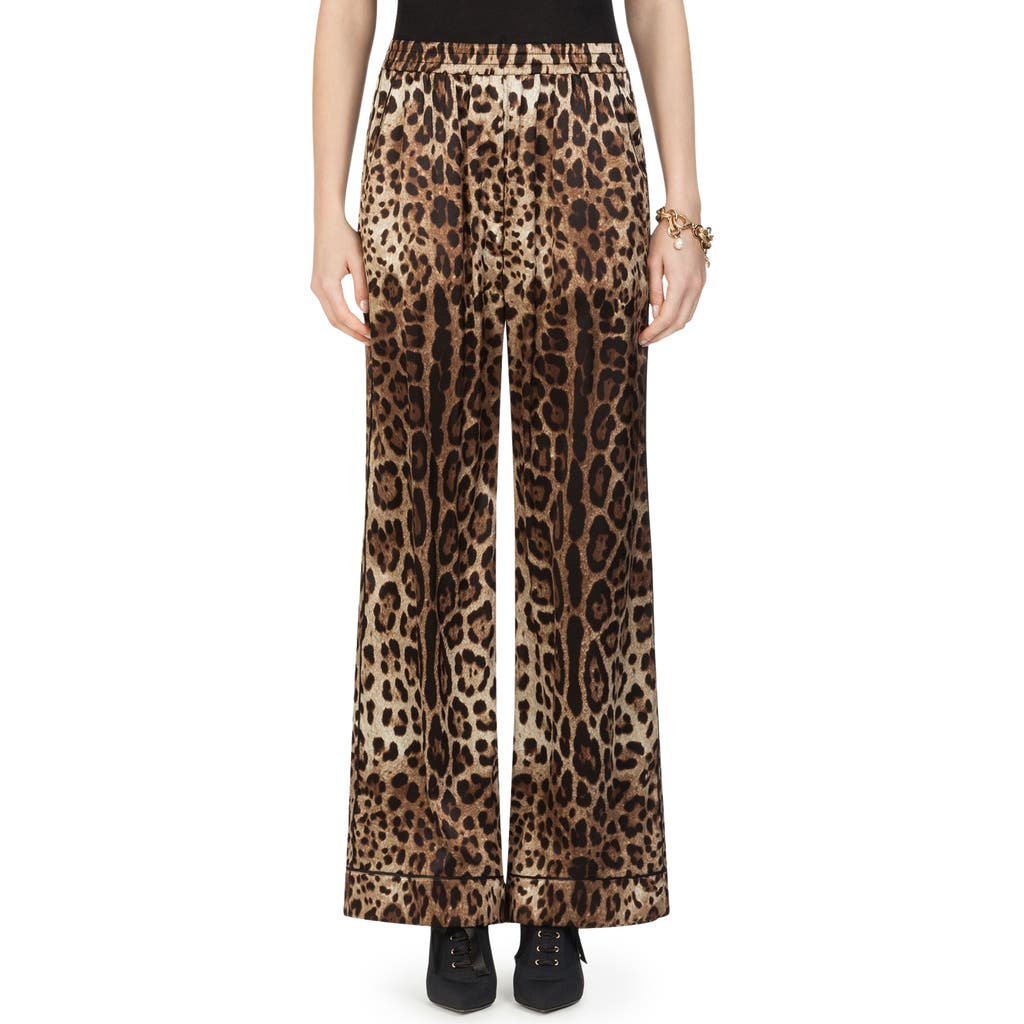 Dolce & Gabbana Dolce&gabbana Leopard Print Wide Leg Stretch Silk Satin Pajama Pants