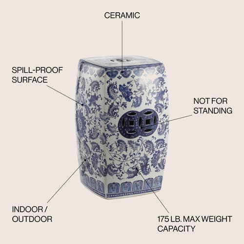 Jonathan Y Floral Vine 18.5" Chinoiserie Ceramice Square Garden Stool In Blue/white