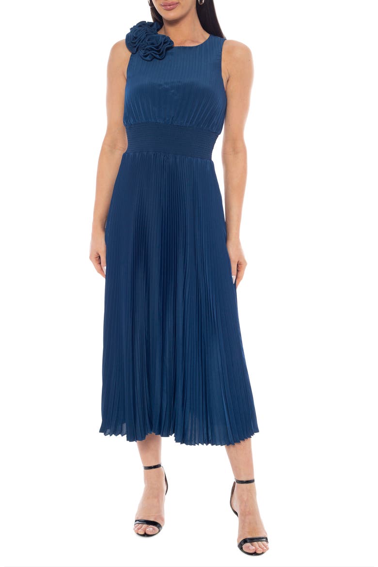 Rosette Pleated A-Line Midi Dress, Main, color, NAVY