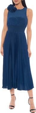 Oleg Cassini Rosette Pleated A-Line Midi Dress