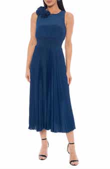 Oleg Cassini Rosette Pleated A-Line Midi Dress