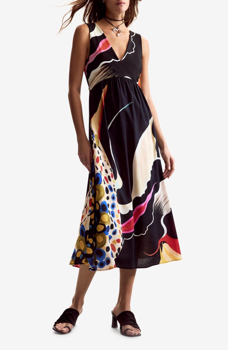 Desigual Abstract Print Sleeveless A-Line Dress, Main, color, Black