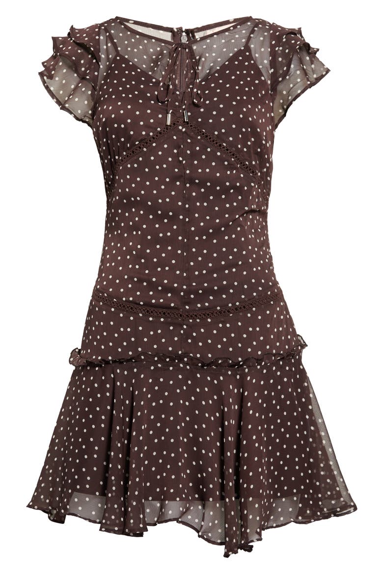 Semi Sheer Polka Dot Ruffle Trim Drop Waist Minidress, Main, color, A CHOCOLATE PIN DOT