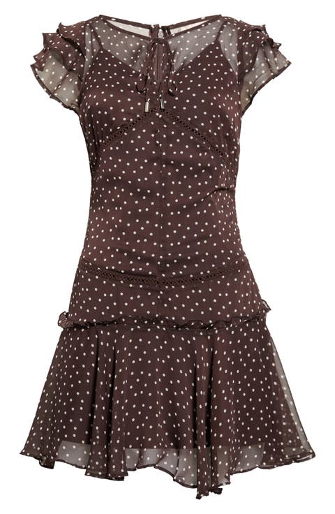 Semi Sheer Polka Dot Ruffle Trim Drop Waist Minidress