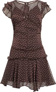 KITTENISH Semi Sheer Polka Dot Ruffle Trim Drop Waist Minidress