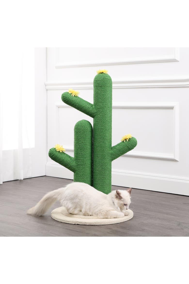 Socorro 34.25" Modern Jute Double-Cactus Cat Scratching Post with Flower Toys, Alternate, color, Green