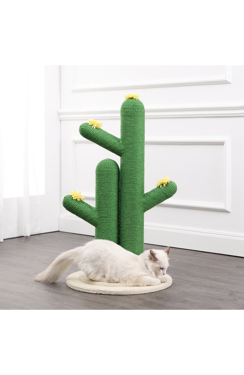 The Licker Store Socorro 34.25" Modern Jute Double-Cactus Cat Scratching Post with Flower Toys, Alternate, color, Green