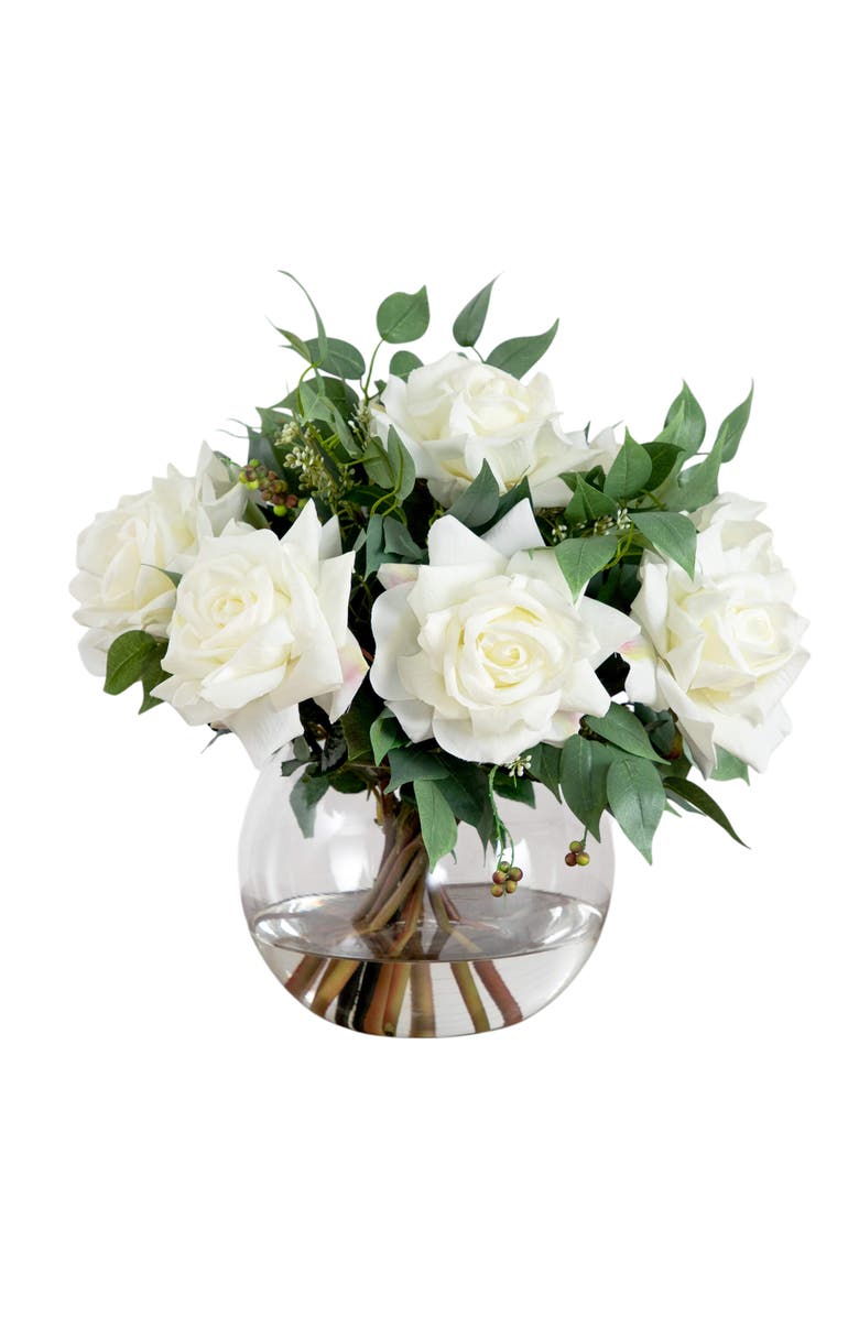 NEARLY NATURAL Wedding Collection 16-in Artificial Roses and Mixed Greens Arrangement in Glass Vase, Main, color, Green/White