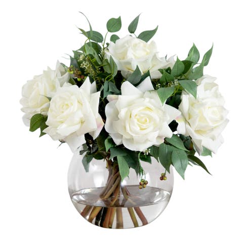 Wedding Collection 16-in Artificial Roses and Mixed Greens Arrangement in Glass Vase