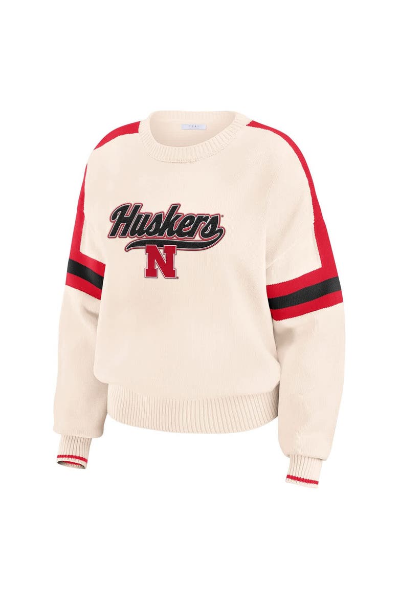 Women's WEAR by Erin Andrews  Cream Nebraska Huskers Chenille Woven Patch Stripe Pullover Sweater, Alternate, color, Cream