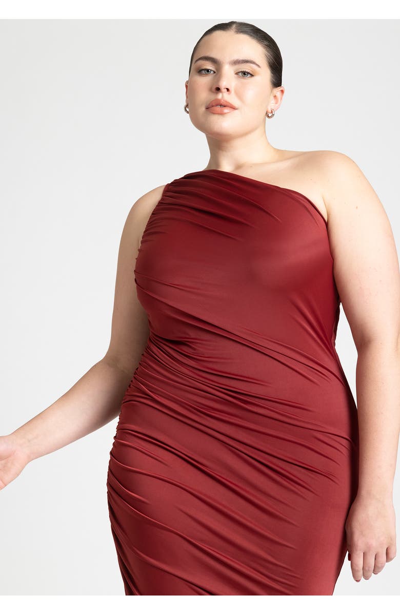 ELOQUII Ruched One Shoulder Dress, Alternate, color, Blaze Red