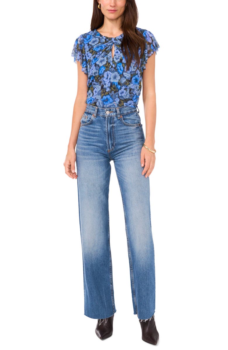 Vince Camuto Floral Flutter Sleeve Mesh Top, Alternate, color, Royal Azure