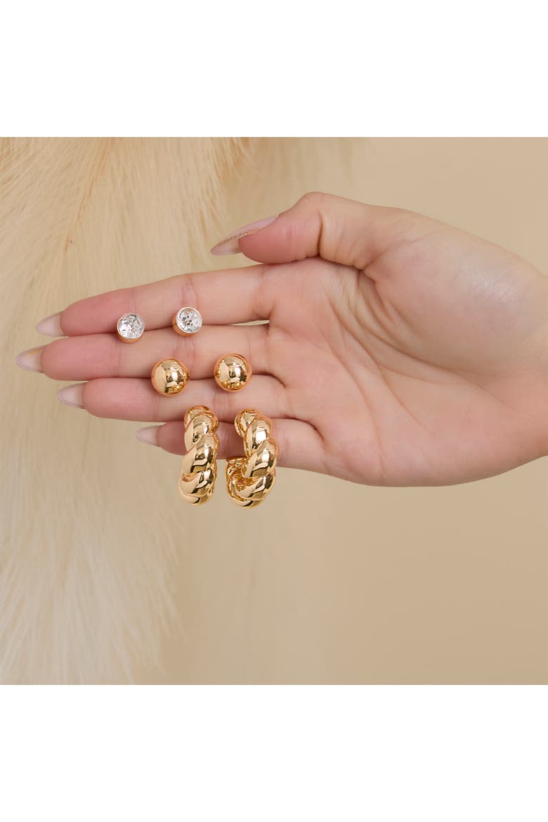 Rhinestone Hoop & Stud Earring Set of 3, Alternate, color, Gold