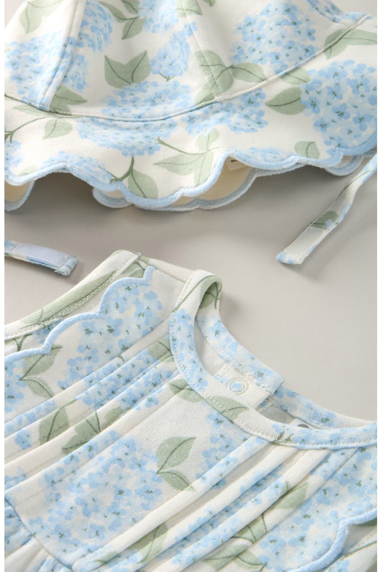 Pintuck Ruffle Cotton Dress, Hat & Bloomers Set, Alternate, color, IVORY EGRET BLUE HYDRANGEA