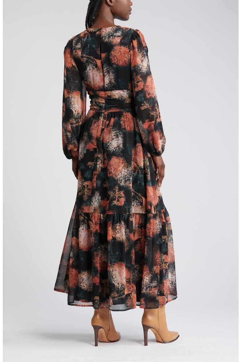 Split Long Sleeve Tiered Dress, Alternate, color, BLACK- RED WILLOW DRIFT