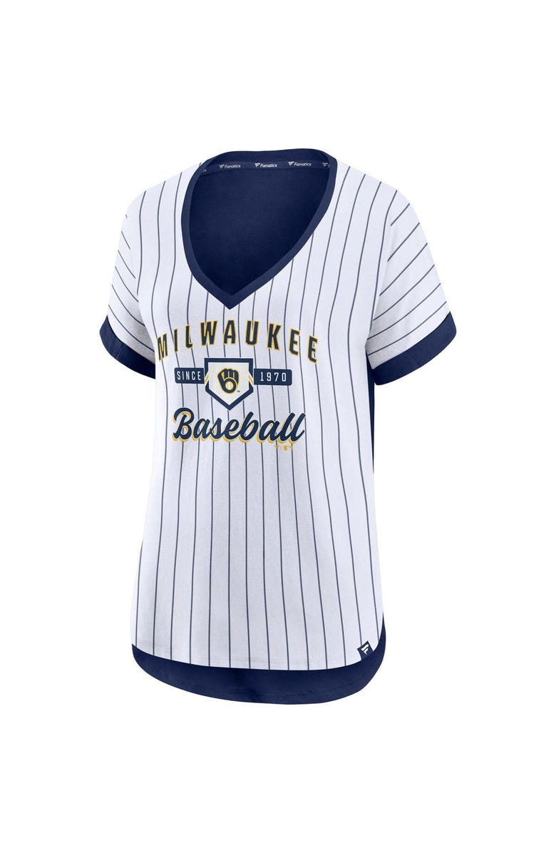 FANATICS Women's Fanatics Branded White/Navy Milwaukee Brewers Iconic Noise Factor Pinstripe V-Neck T-Shirt, Alternate, color,