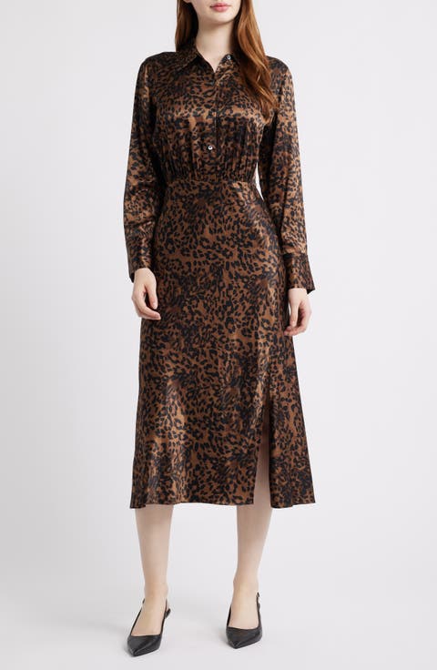Jazlyn Leopard Long Sleeve Satin Midi Shirtdress