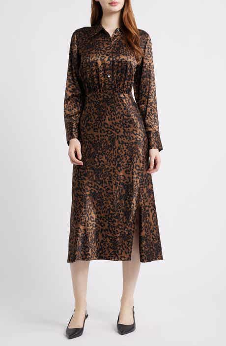 Rails Jazlyn Leopard Long Sleeve Satin Midi Shirtdress