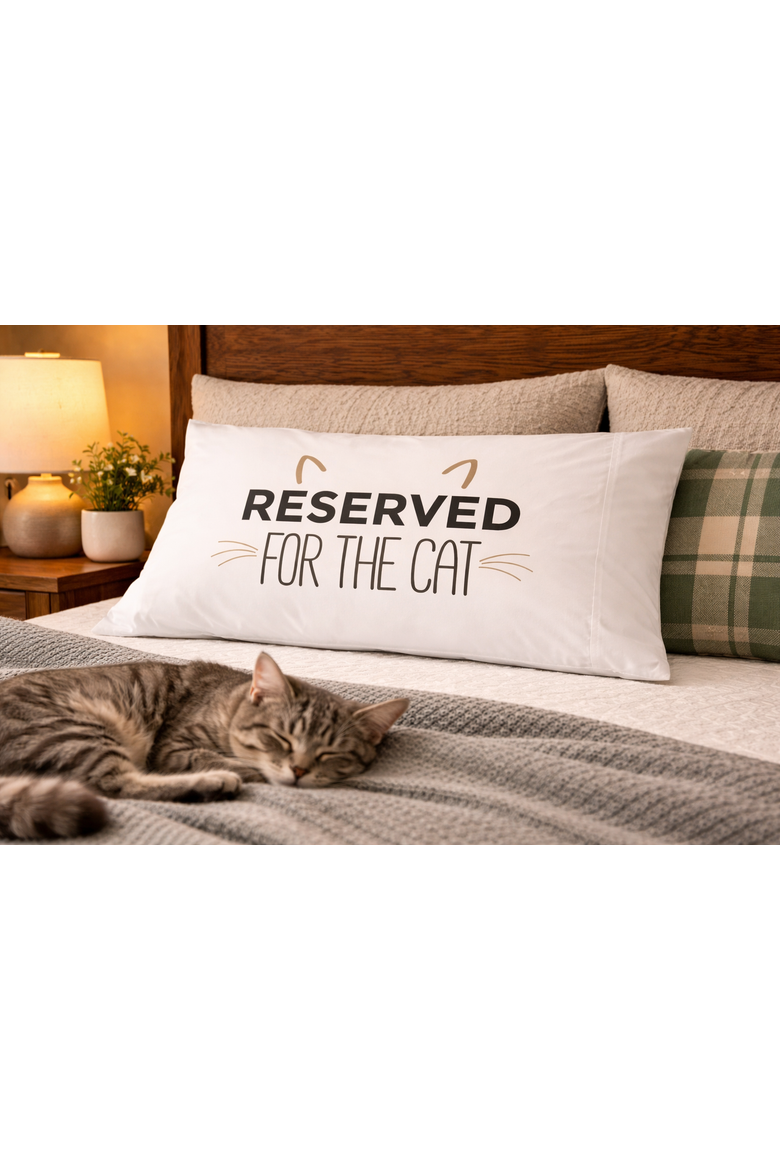 "Reserved For The Cat" 100% Cotton Printed Standard Pillowcase 20" x 30", Alternate, color, White
