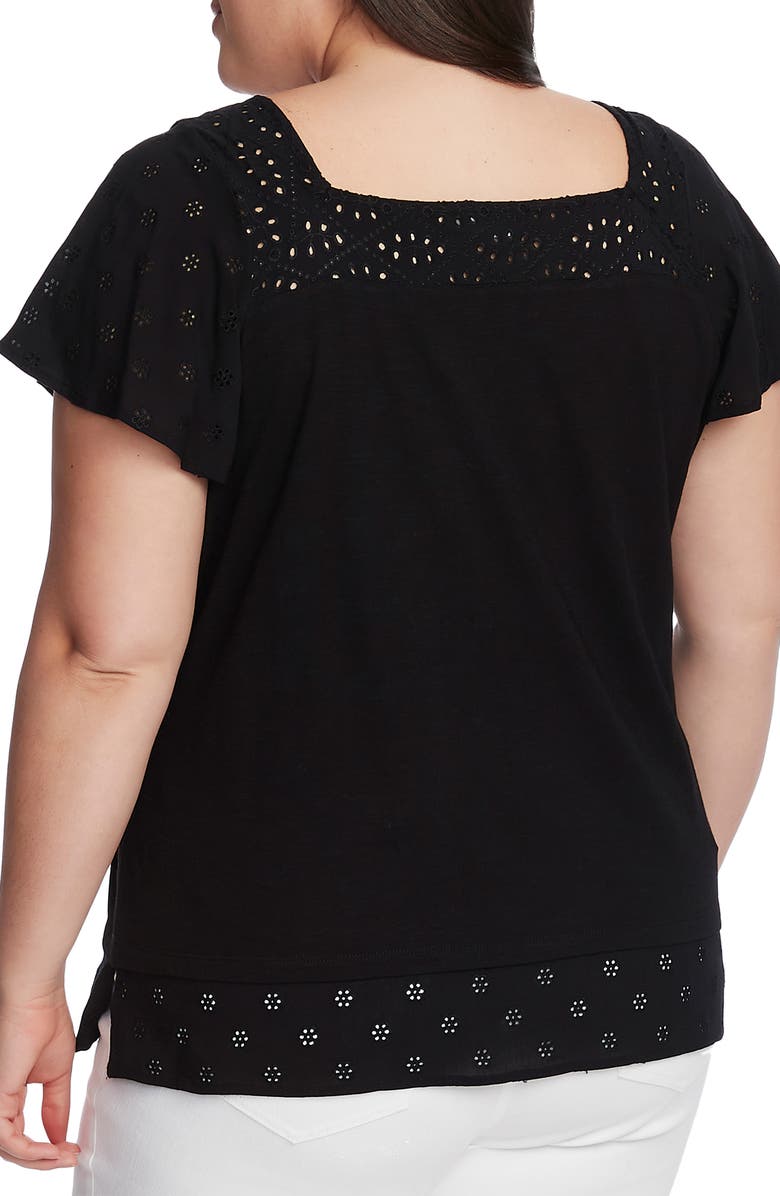 Vince Camuto Eyelet Detail Short Sleeve Cotton Blend Layered Top, Alternate, color, 