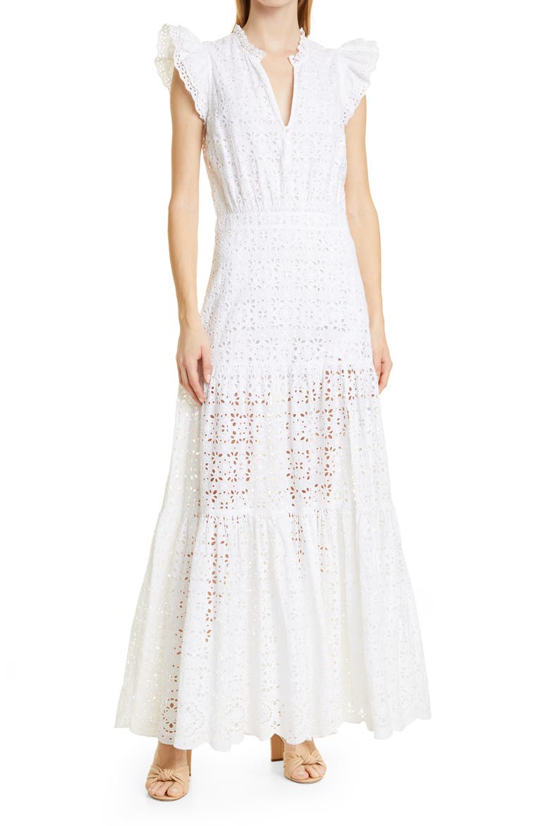 Satori Ruffle Cotton Eyelet Maxi Dress, Main, color, WHITE