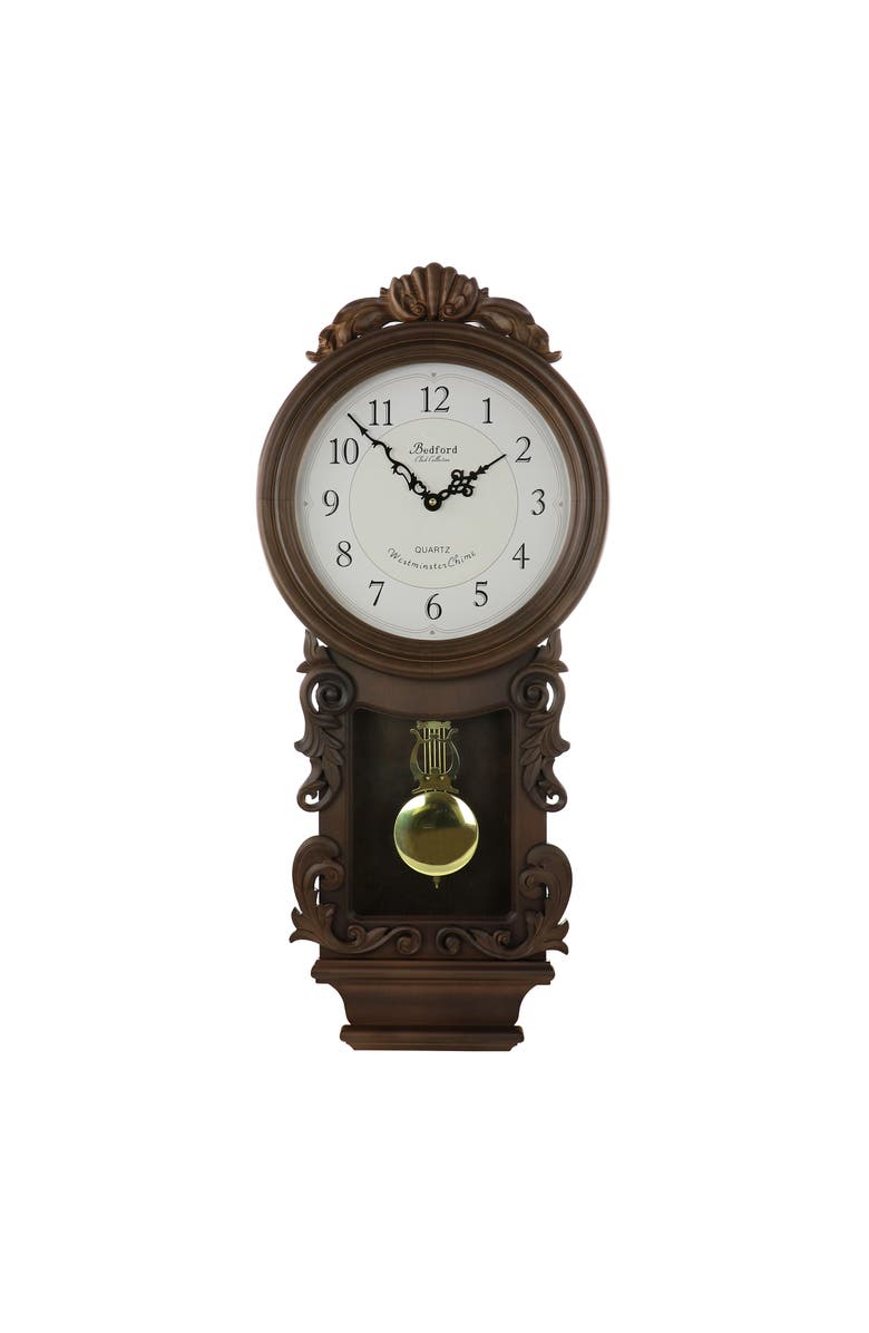 Bedford Clock Collection Chestnut Chiming Pendulum Wall Clock, Main, color, Chestnut